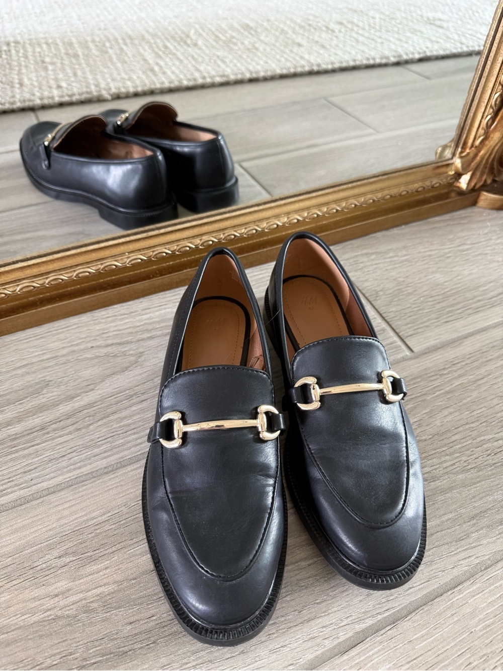 H&M Black Leather Loafers with Gold Horsebit Detail